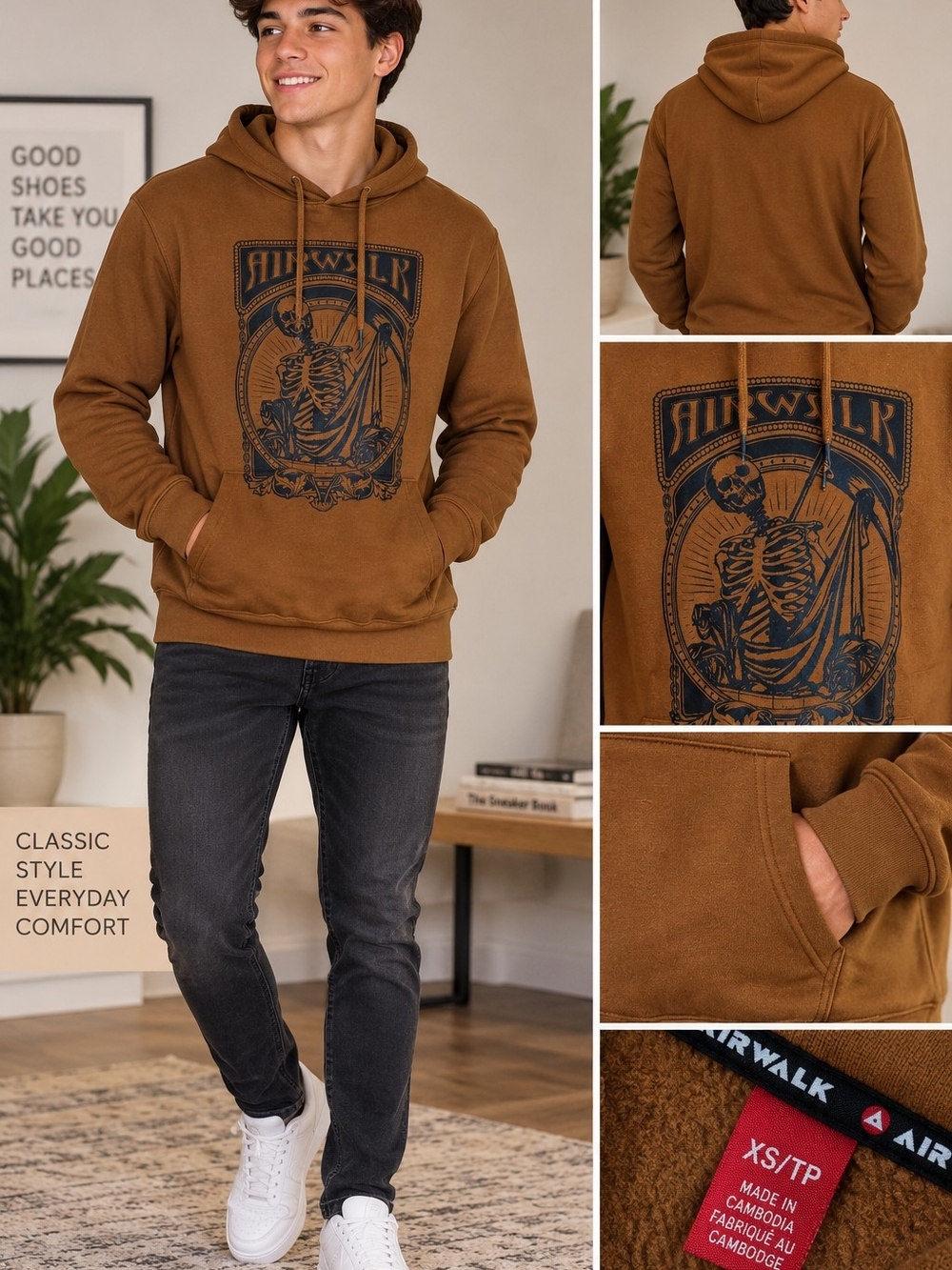 Airwalk Men’s XS Brown Skeleton Graphic Hoodie 100% Cotton Pullover